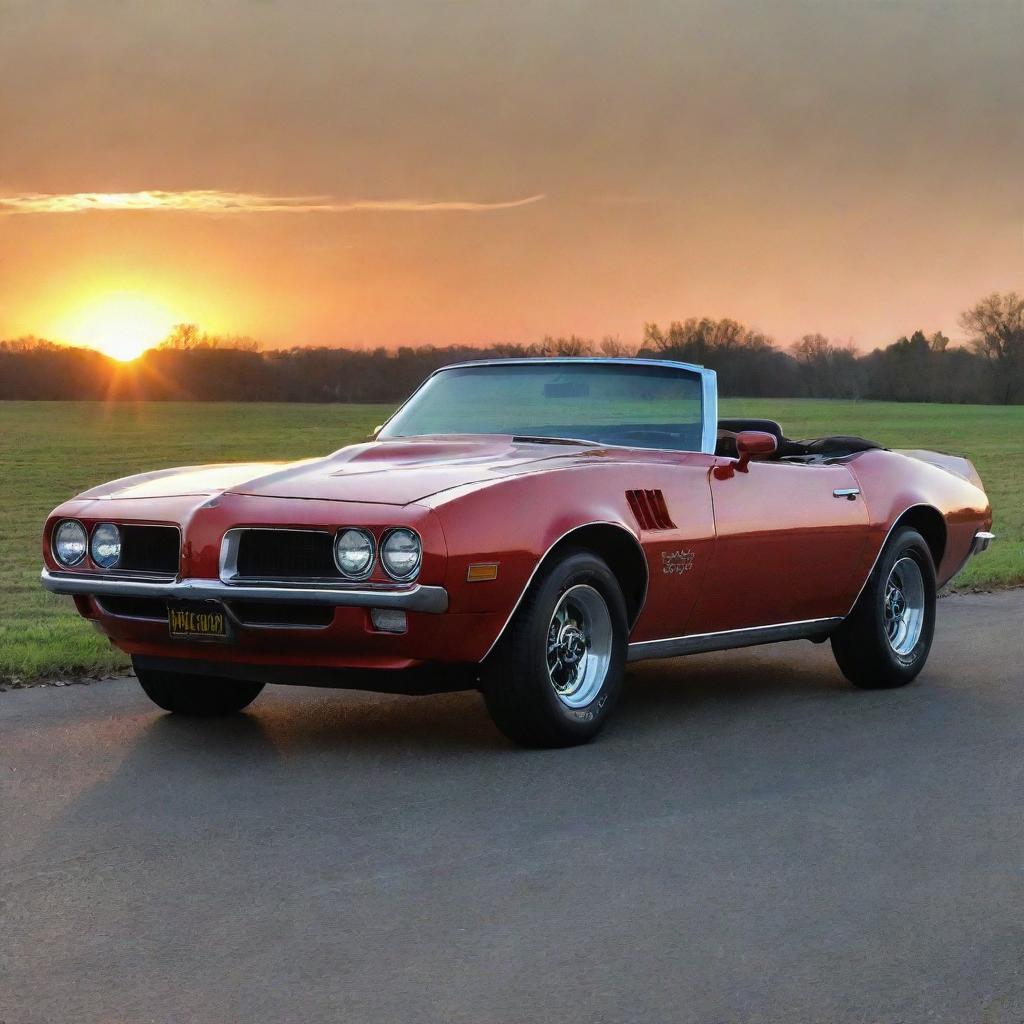 A stunning Pontiac Firebird in pristine condition, gleaming under the soft shine of the sunset.