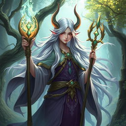 Create a detailed and vivid image of Thana, a mystical character with an ethereal aura, surrounded by a magical forest