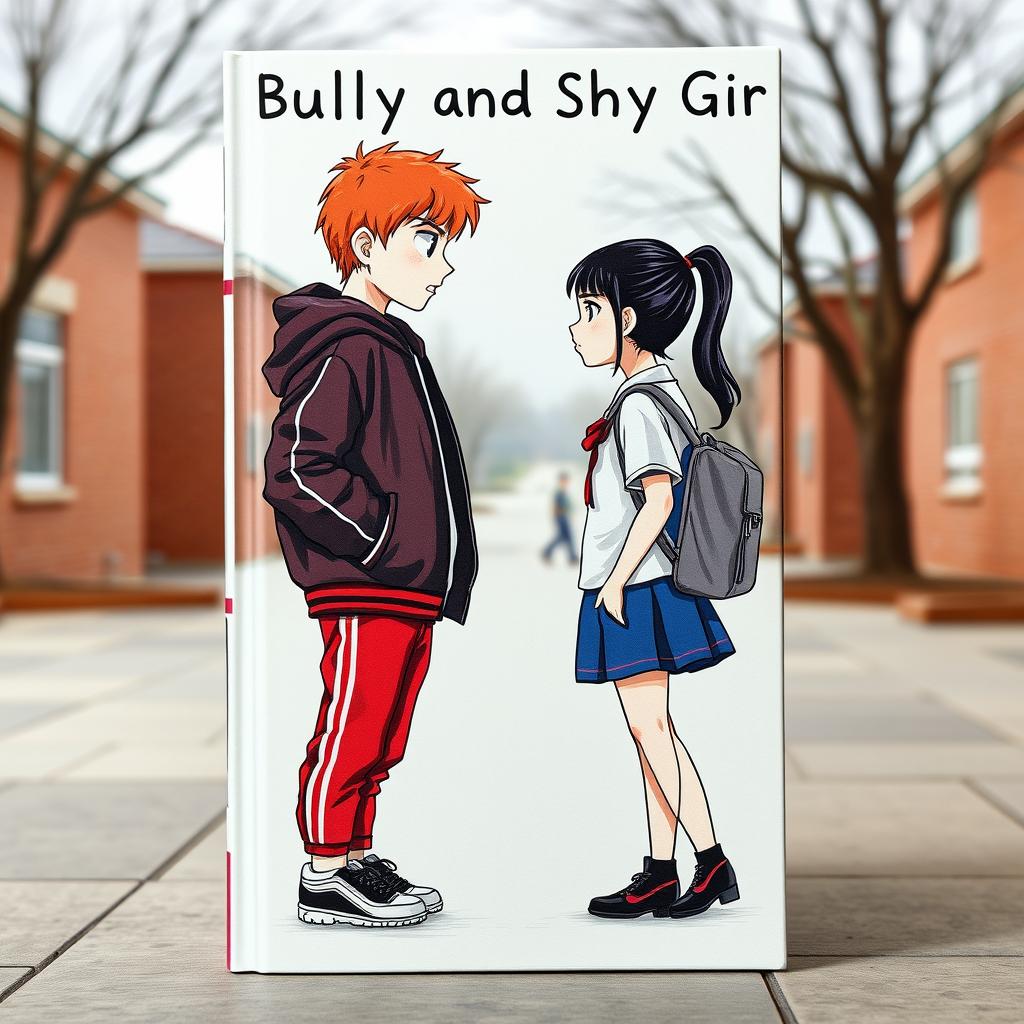 On the cover of the book, you can see a schoolyard where the main characters - a bully and a shy girl - are standing opposite each other, glaring with hatred