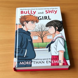 On the cover of the book, you can see a schoolyard where the main characters - a bully and a shy girl - are standing opposite each other, glaring with hatred