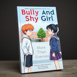 On the cover of the book, you can see a schoolyard where the main characters - a bully and a shy girl - are standing opposite each other, glaring with hatred