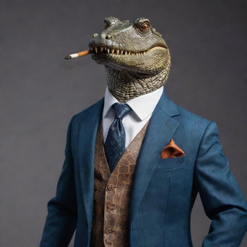 Ultra realistic crocodile dressed in a sharp, perfectly tailored suit, elegantly smoking a pipe