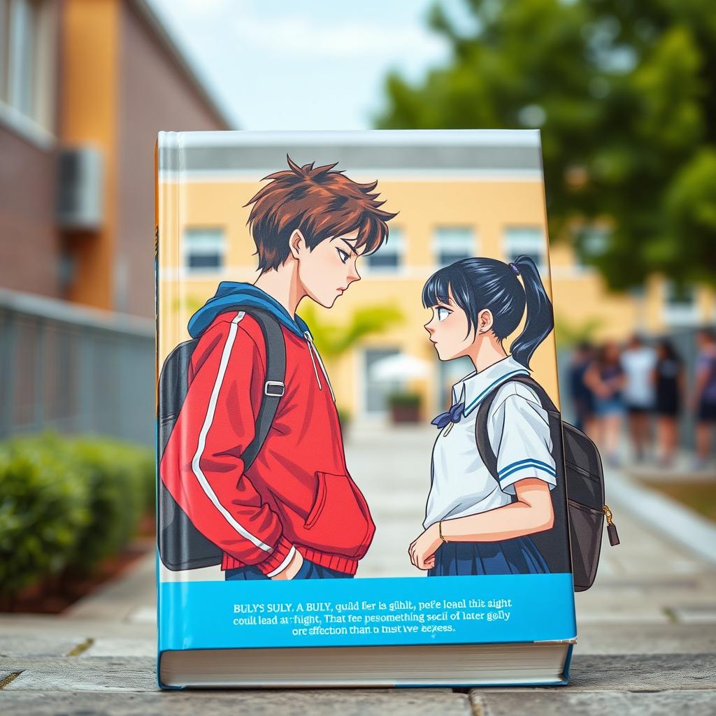 On the book cover, you can see a schoolyard where the main characters, a bully and a quiet girl, are standing opposite each other and glaring with hatred