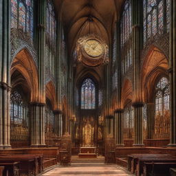 A massive, gothic cathedral made of intricate gears and metal, with towering spires and clock faces embedded in the walls