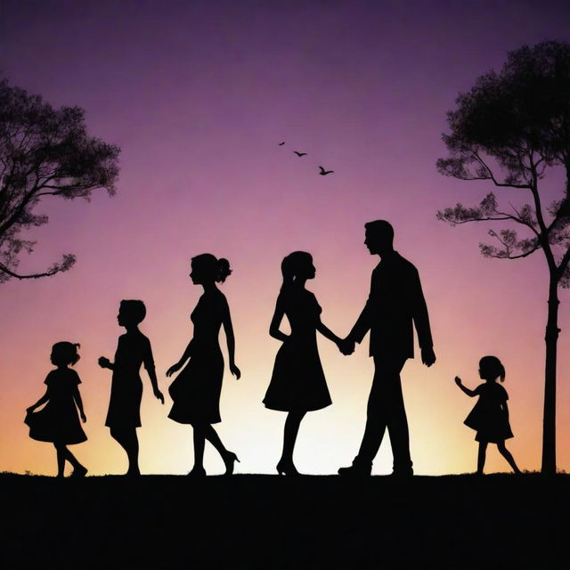 Create a detailed silhouette animation with beautiful backlit figures interacting on a twilight background, showcasing their movements in shadow.