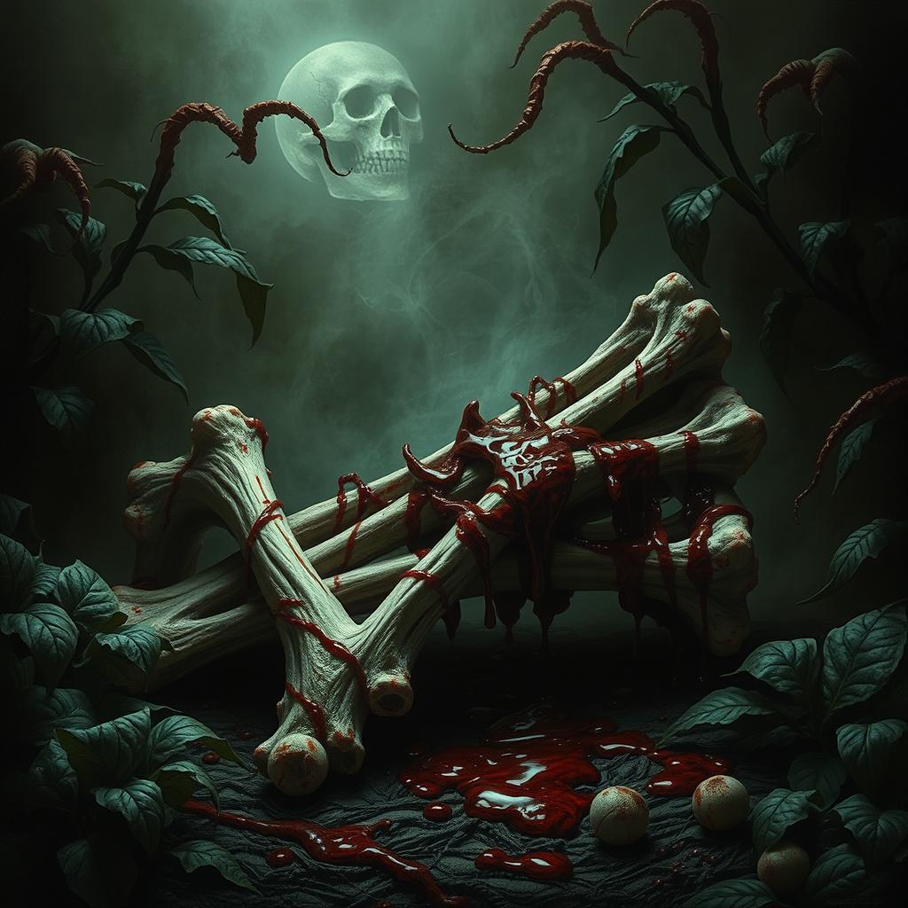 A dark and eerie scene featuring ribs with blood dripping from them, surrounded by menacing and deadly plants