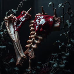 A dark and eerie scene featuring ribs with blood dripping from them, surrounded by menacing and deadly plants