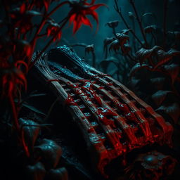 A dark and eerie scene featuring ribs with blood dripping from them, surrounded by menacing and deadly plants