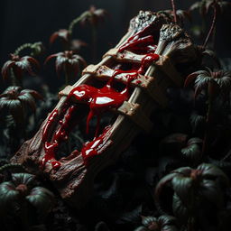 A dark and eerie scene featuring ribs with blood dripping from them, surrounded by menacing and deadly plants