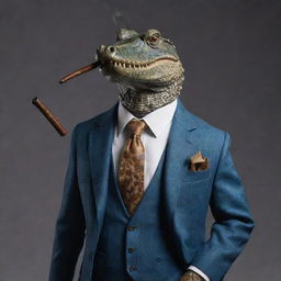 Ultra realistic crocodile dressed in a sharp, perfectly tailored suit, elegantly smoking a pipe