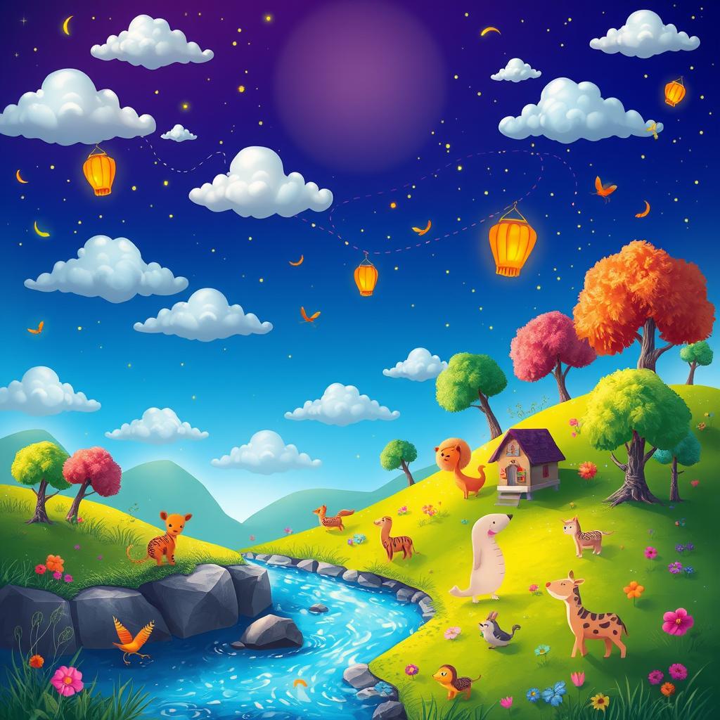 Generate a vibrant and imaginative scene featuring a whimsical landscape with colorful trees, a sparkling river, and playful animals