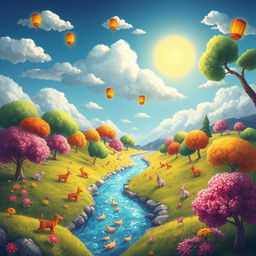 Generate a vibrant and imaginative scene featuring a whimsical landscape with colorful trees, a sparkling river, and playful animals