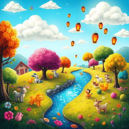 Generate a vibrant and imaginative scene featuring a whimsical landscape with colorful trees, a sparkling river, and playful animals