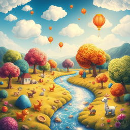 Generate a vibrant and imaginative scene featuring a whimsical landscape with colorful trees, a sparkling river, and playful animals