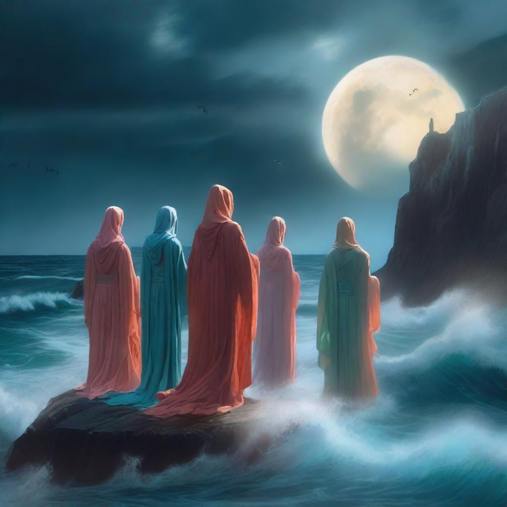 A group of oceanic mystics stand on the edge of a cliff overlooking a stormy sea, their robes flowing like water as they chant ancient incantations