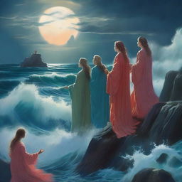 A group of oceanic mystics stand on the edge of a cliff overlooking a stormy sea, their robes flowing like water as they chant ancient incantations