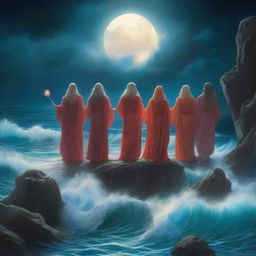 A group of oceanic mystics stand on the edge of a cliff overlooking a stormy sea, their robes flowing like water as they chant ancient incantations