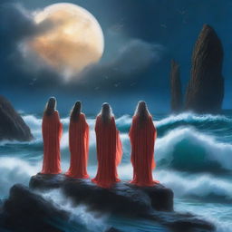 A group of oceanic mystics stand on the edge of a cliff overlooking a stormy sea, their robes flowing like water as they chant ancient incantations