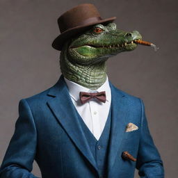 Ultra realistic crocodile dressed in a sharp, perfectly tailored suit, elegantly smoking a pipe