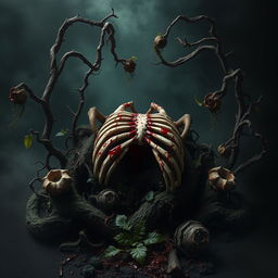 A dark and eerie scene featuring ribs in the middle, covered in blood and surrounded by death plants