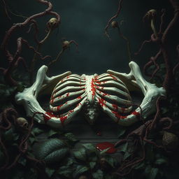 A dark and eerie scene featuring ribs in the middle, covered in blood and surrounded by death plants