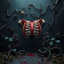 A dark and eerie scene featuring ribs in the middle, covered in blood and surrounded by death plants