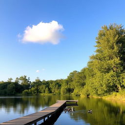 A serene landscape featuring a calm lake surrounded by lush green trees, with a clear blue sky and a few fluffy white clouds