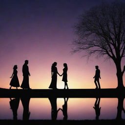 Create a detailed silhouette animation with beautiful backlit figures interacting on a twilight background, showcasing their movements in shadow.