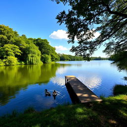 A serene landscape featuring a calm lake surrounded by lush green trees, with a clear blue sky and a few fluffy white clouds