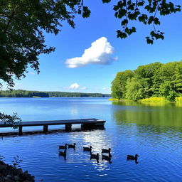 A serene landscape featuring a calm lake surrounded by lush green trees, with a clear blue sky and a few fluffy white clouds