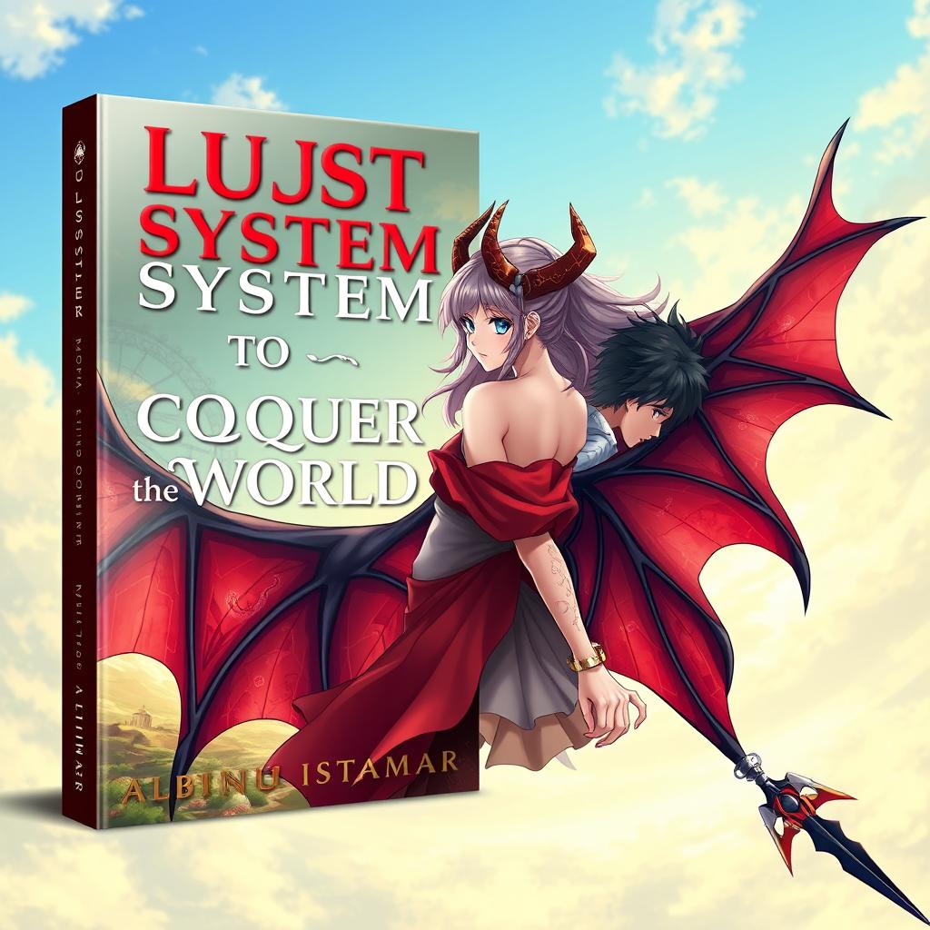 Create an anime-style book cover featuring a stunning girl and a boy with demon wings on her back