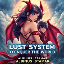 Create an anime-style book cover featuring a stunning girl and a boy with demon wings on her back