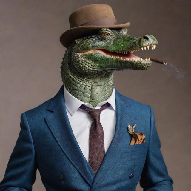 Ultra realistic crocodile dressed in a sharp, perfectly tailored suit, elegantly smoking a pipe