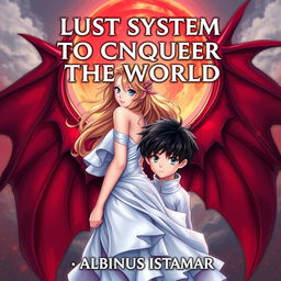 Create an anime-style book cover featuring a stunning girl and a boy with demon wings on her back