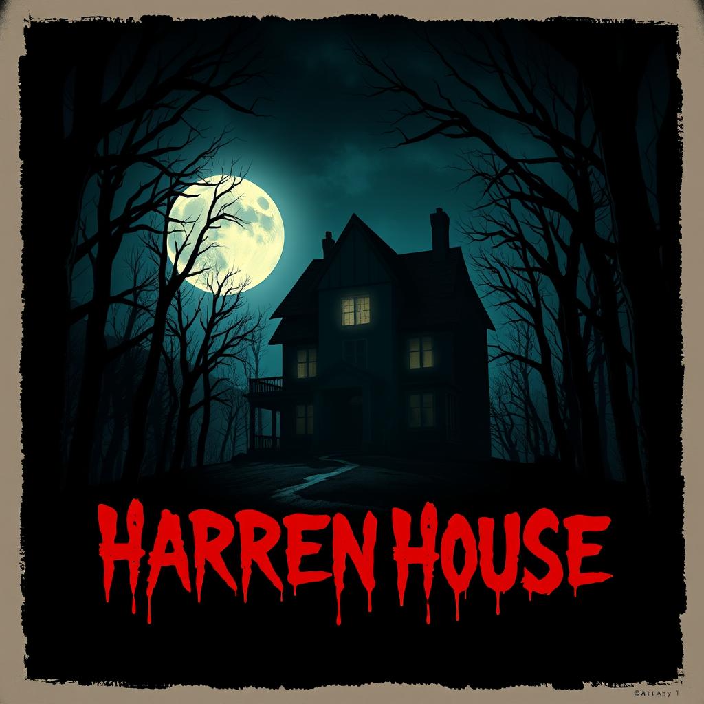 Create a horror movie poster featuring a dark, eerie forest with a haunted house in the background