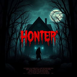 Create a horror movie poster featuring a dark, eerie forest with a haunted house in the background