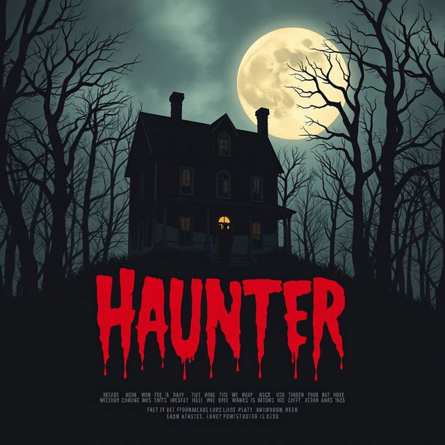 Create a horror movie poster featuring a dark, eerie forest with a haunted house in the background