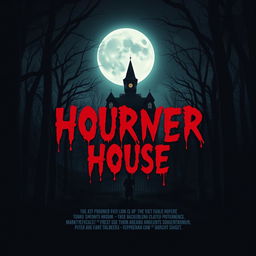 Create a horror movie poster featuring a dark, eerie forest with a haunted house in the background