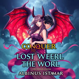 Create an anime-style book cover featuring a stunning girl and a handsome boy with demon wings