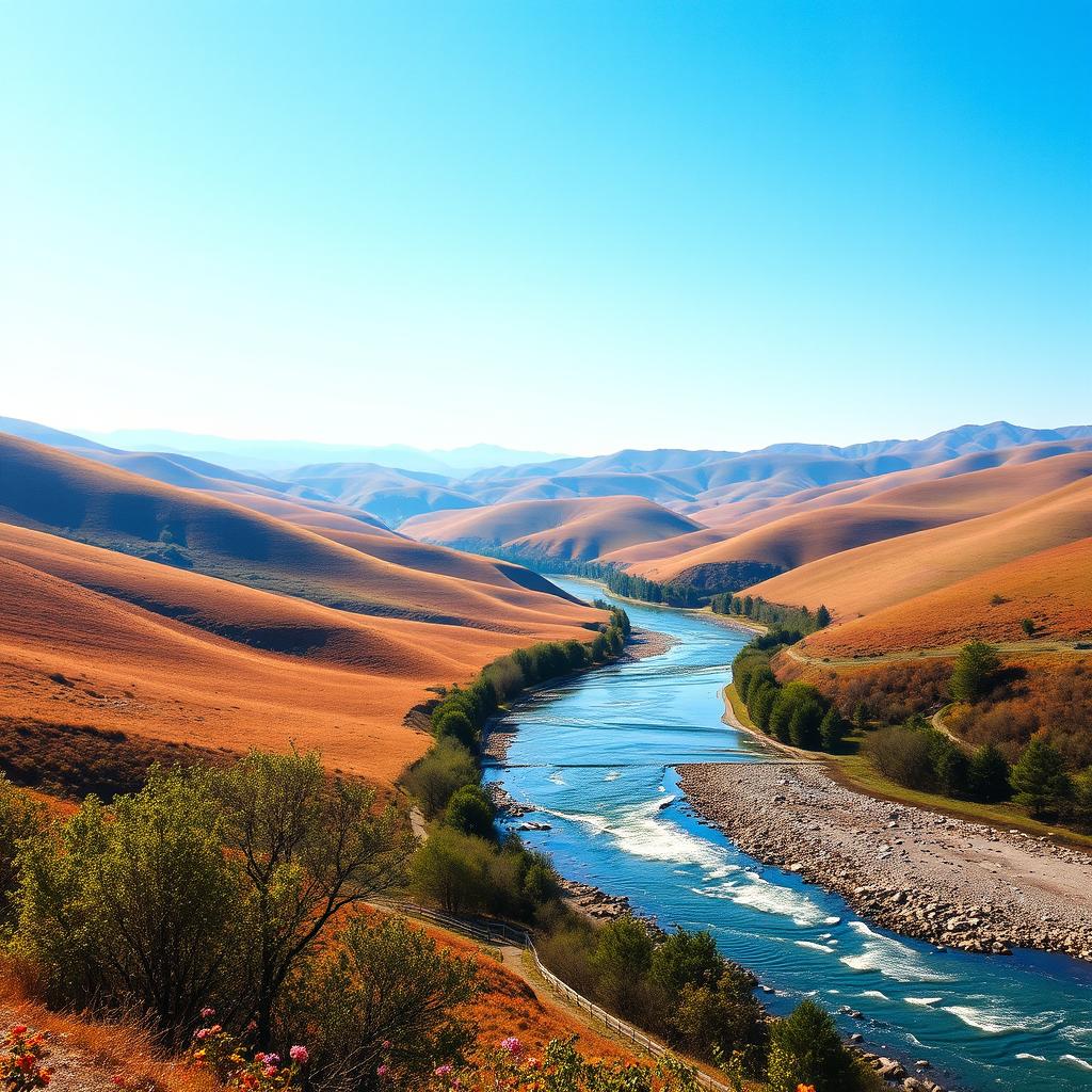 Create an image of a beautiful, serene landscape with rolling hills, a clear blue sky, and a gently flowing river