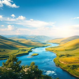 Create an image of a beautiful, serene landscape with rolling hills, a clear blue sky, and a gently flowing river