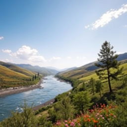 Create an image of a beautiful, serene landscape with rolling hills, a clear blue sky, and a gently flowing river