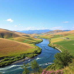 Create an image of a beautiful, serene landscape with rolling hills, a clear blue sky, and a gently flowing river