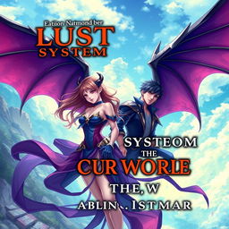 Create an anime-style book cover featuring a stunning girl and a handsome boy with demon wings