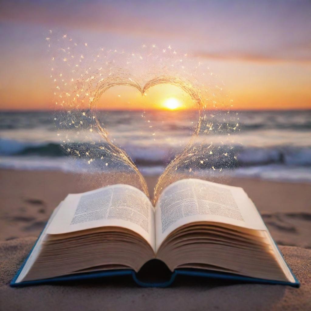 An open book with whimsical, glowing words flowing out in a magical pattern against a serene sunset backdrop. The words simulate life, hope, and dreams heating up in the brilliance of knowledge.