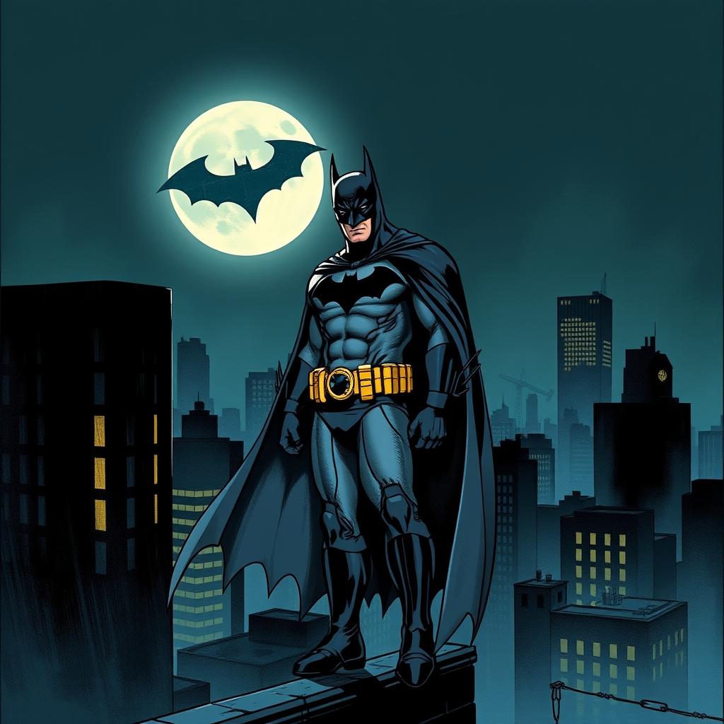 A detailed illustration of Batman standing on a rooftop in Gotham City at night, with the Bat-Signal shining in the sky