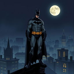 A detailed illustration of Batman standing on a rooftop in Gotham City at night, with the Bat-Signal shining in the sky