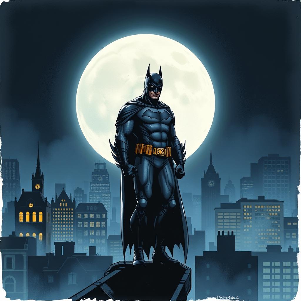 A detailed illustration of Batman standing on a rooftop in Gotham City at night, with the Bat-Signal shining in the sky