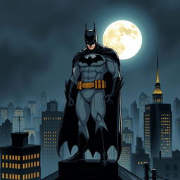 A detailed illustration of Batman standing on a rooftop in Gotham City at night, with the Bat-Signal shining in the sky