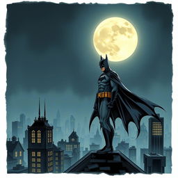 A detailed illustration of Batman standing on a rooftop in Gotham City at night, with the Bat-Signal shining in the sky